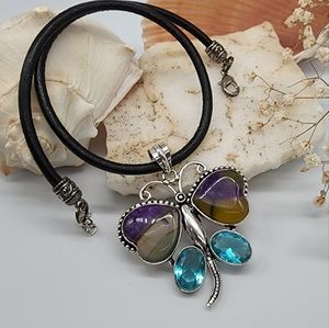 Genuine Agate Stone/Blue Quartz Silver Pendant Leather